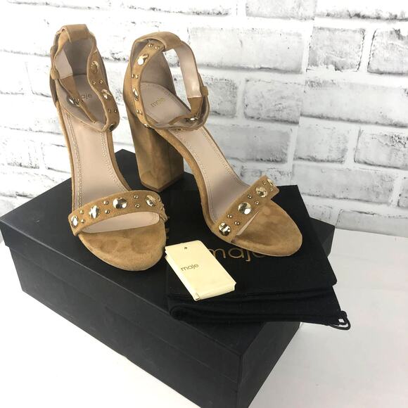 Maje Faria Dots Sandal Jeweled Chunky Suede Heel Camel Sz. US 8 / EU 40 NEW - Picture 1 of 16